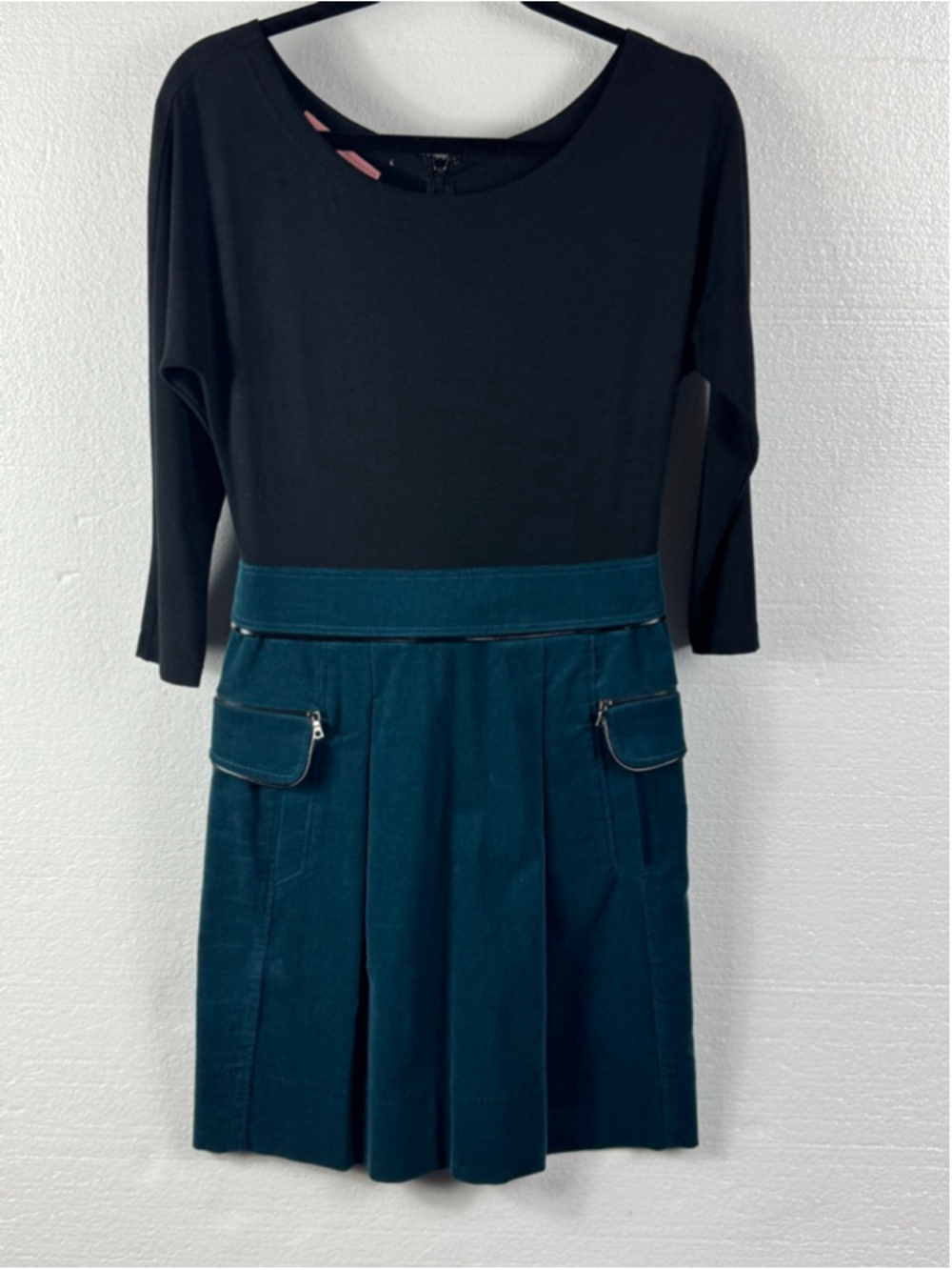 Rachel Couture Long Sleeve Corduroy Skirted Dress Black Teal size Small